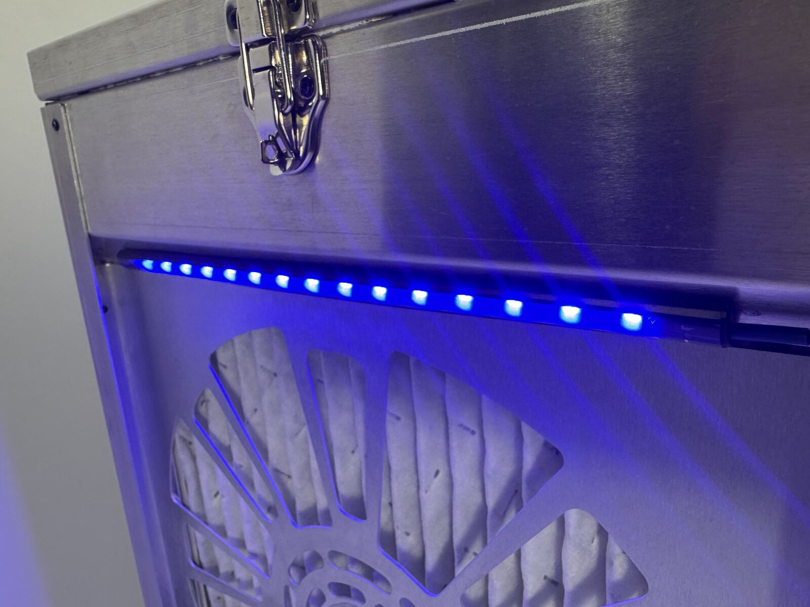Close-up of the Dust Box antimicrobial blue LED strip