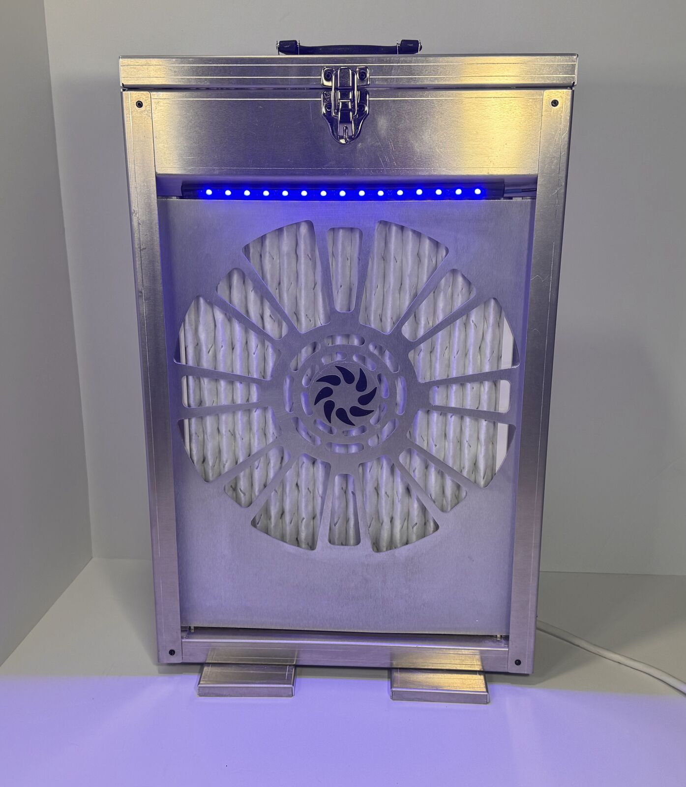 Dust Box front view with the antimicrobial blue LED strip on